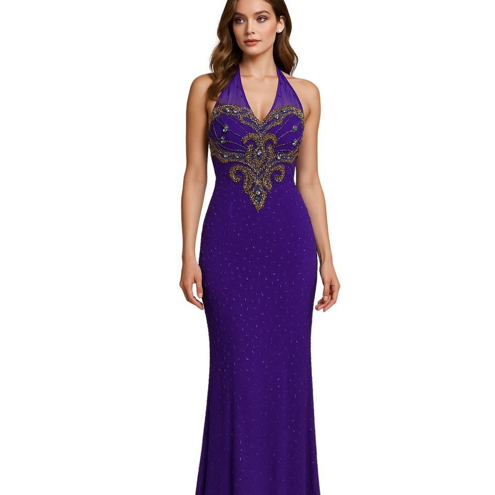 Vintage Sterling by Stone Ferris Beaded Halter Gown Purple Size 8